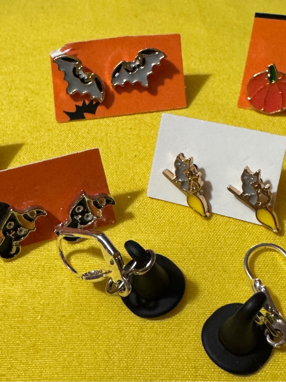Halloween Bat and Cat Stud Earrings in Silver and Yellow - Women's Jewelry